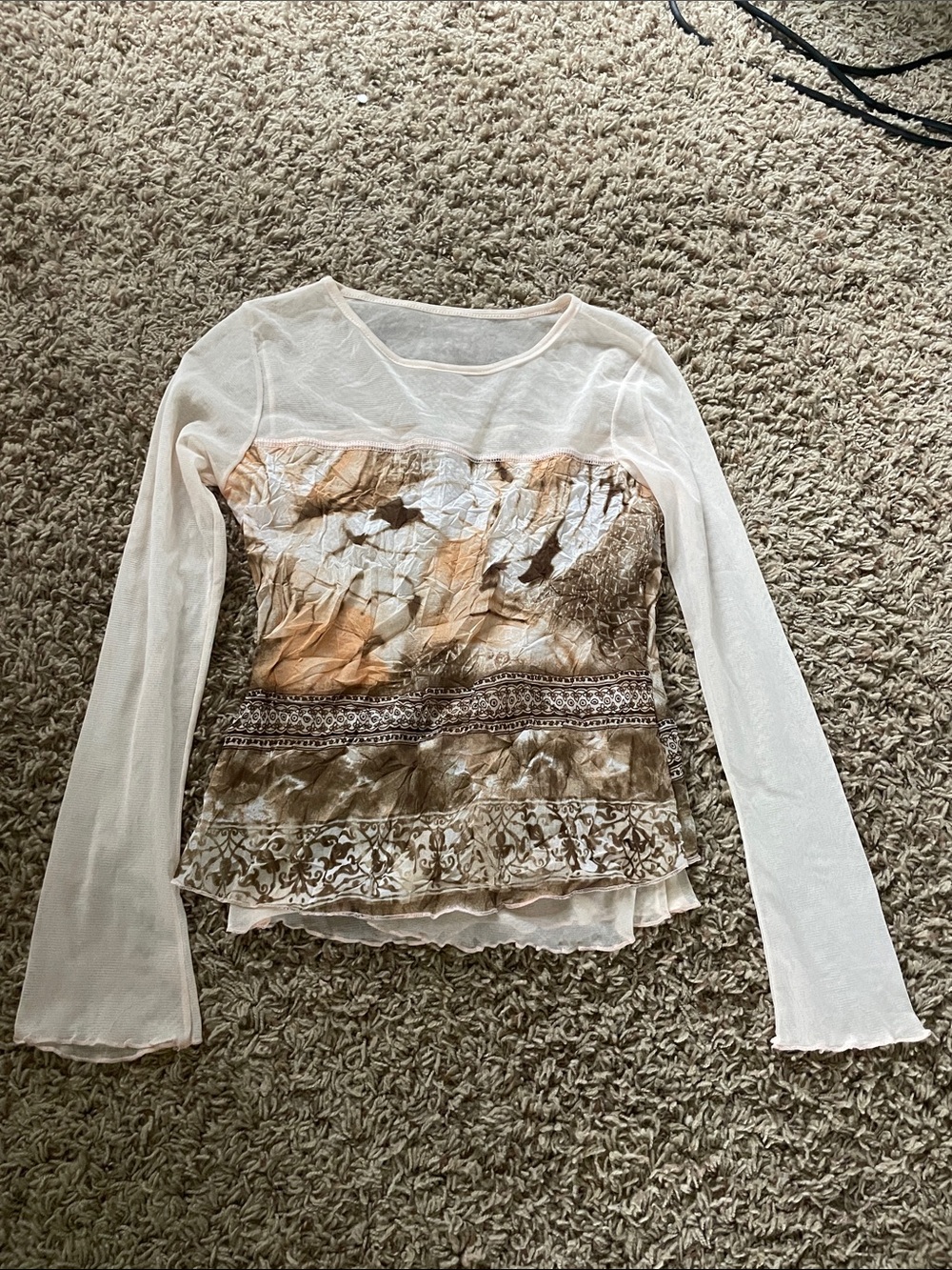 Euro Sheer Long-Sleeve Layered Floral Tee in Cream and Brown